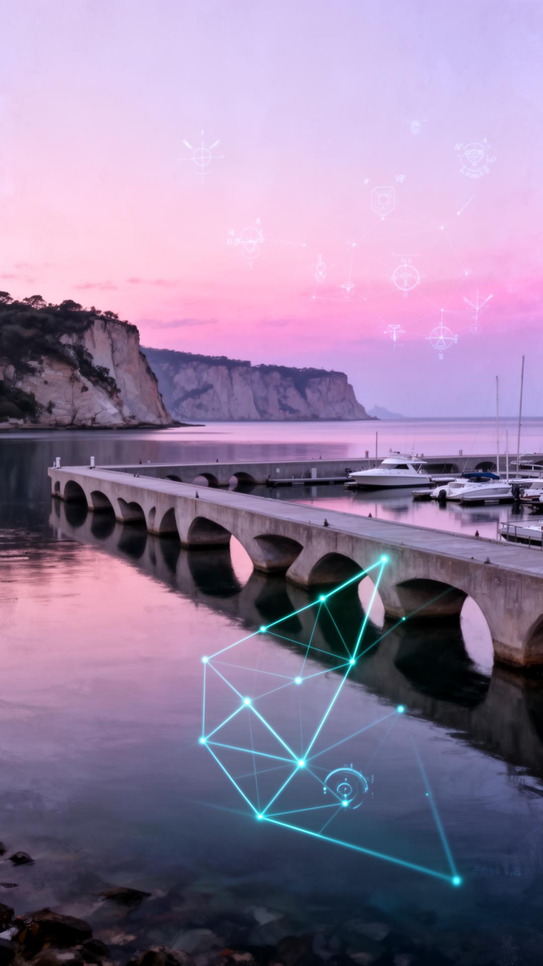 Private marina at blue hour with a sculptural concrete pier and a faint holographic navigation overlay across still water