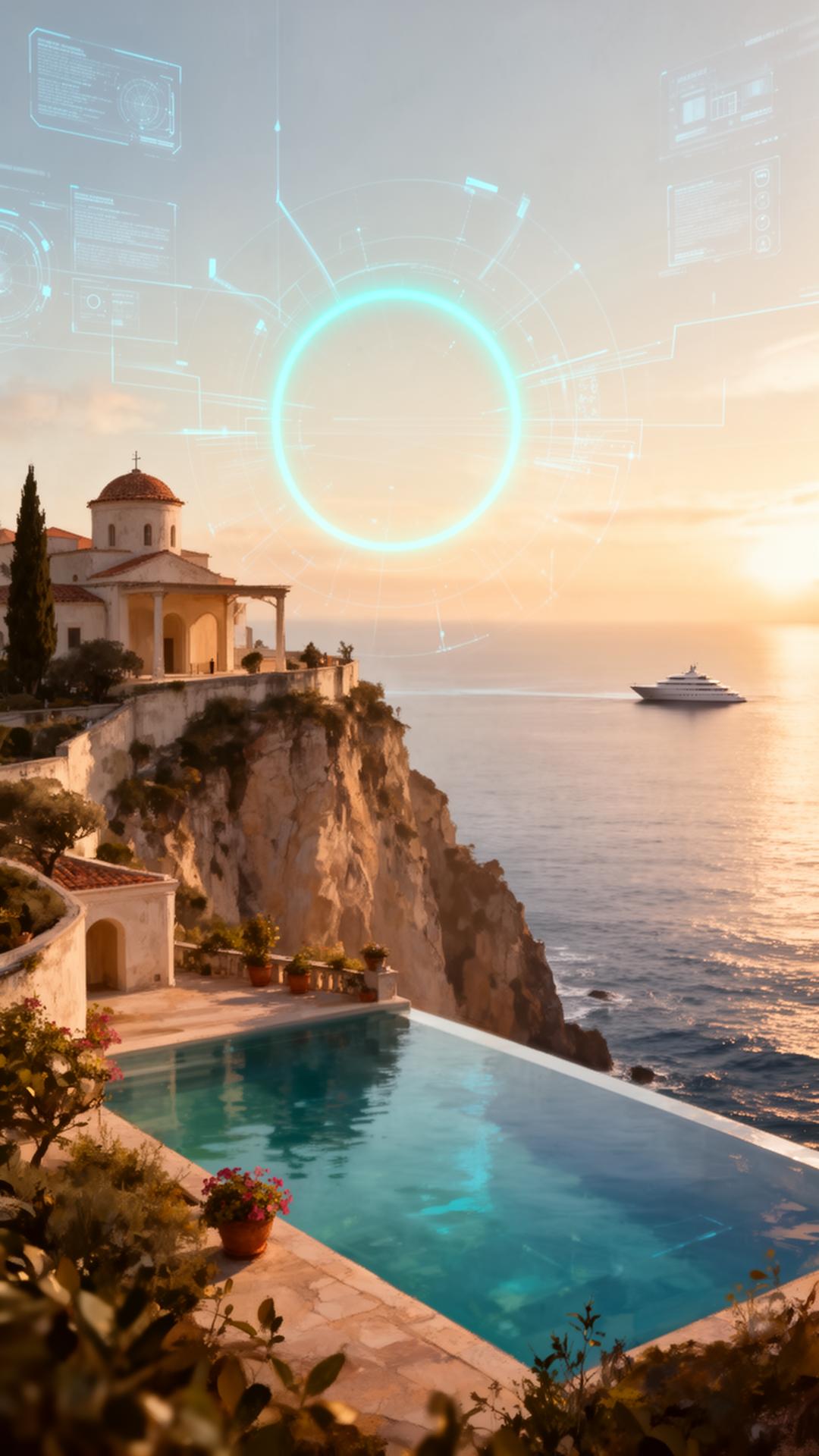 Sunlit Mediterranean clifftop sanctuary at golden hour with infinity pool, ocean horizon, a yacht and a private terrace below