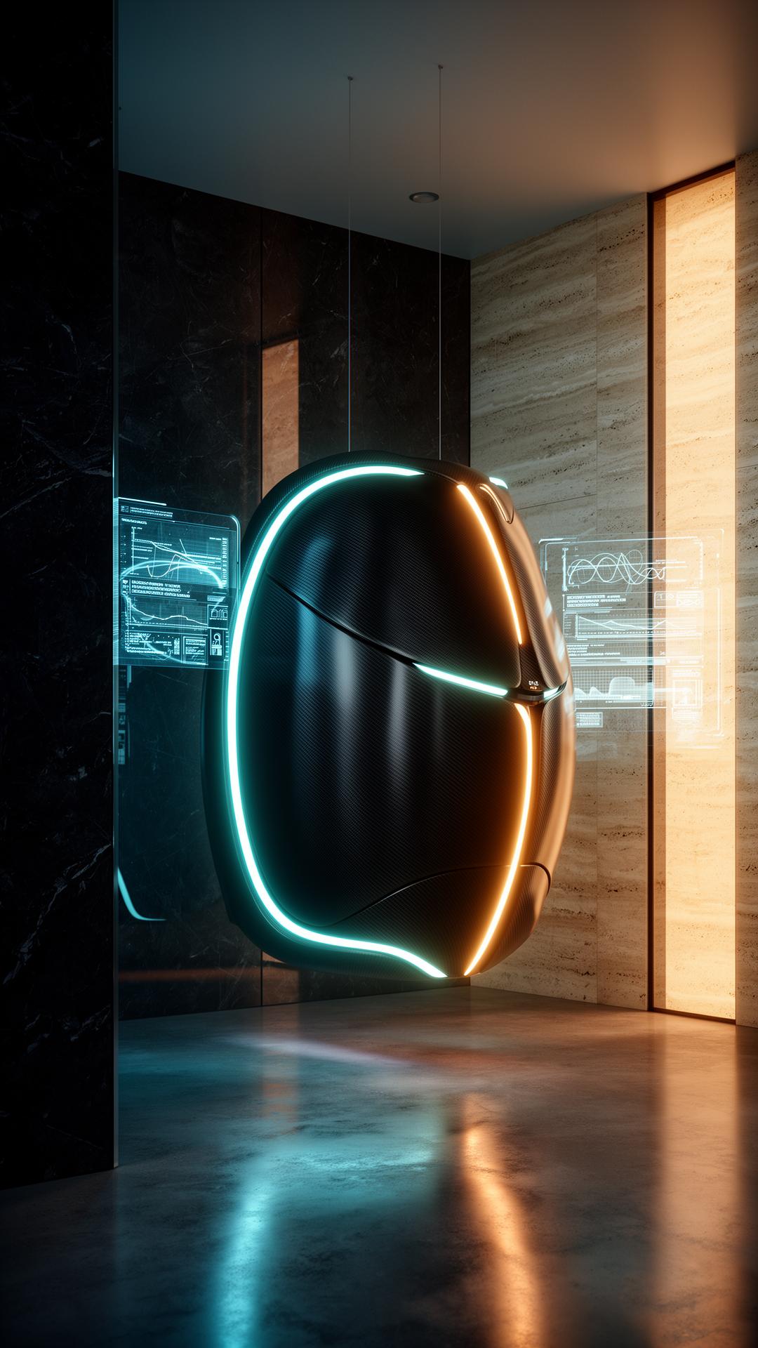Sculptural carbon-fiber recovery pod glowing with cyan and amber light suspended in a travertine room