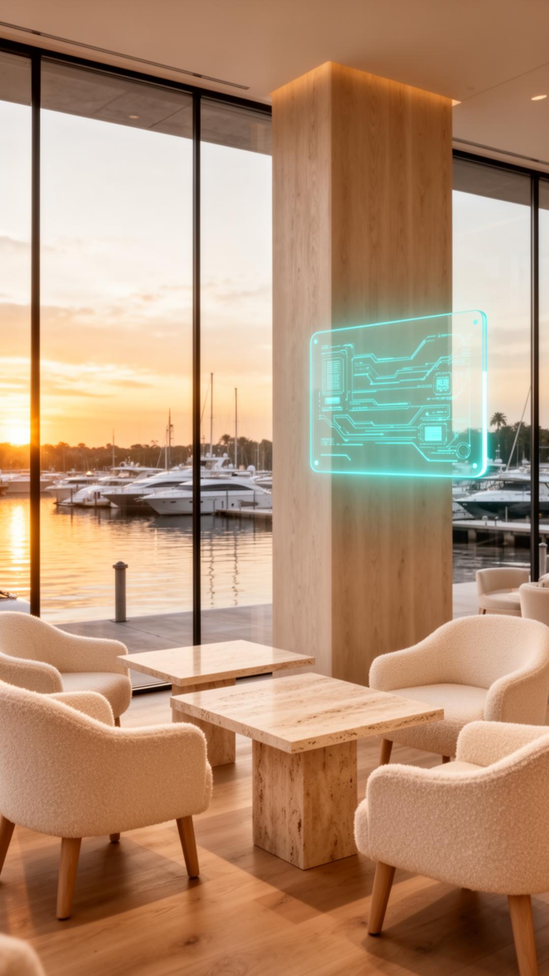 Pale oak members lounge with bouclé chairs and travertine tables, floor-to-ceiling glass onto a sunlit private marina