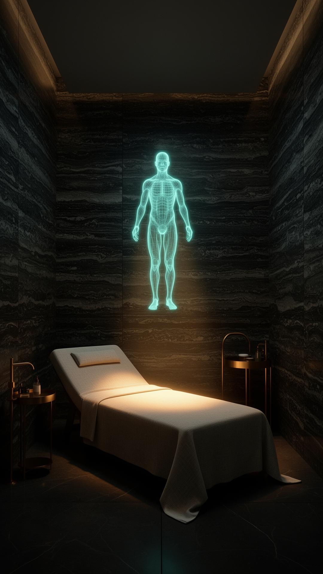 Private member consulting suite in dark travertine with a single linen-draped chaise and a soft holographic body-scan overlay